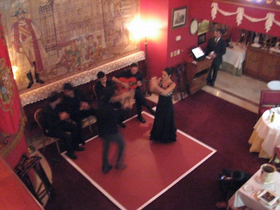 View from the balcony at Taberna del Alabardero: harmonica player Diego Villegas, singer David Vazquez, singer Juan Debel, guitarist David Duran with dancers Jose Barrios and Raquel Villegas in Martinete/Seguiriyas