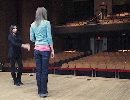 Onstage at VCU's Sonia Vlahcevic Concert Hall: dancers Ginette and Sarah Hart discussing choreographic ideas for the closing group bulerias
